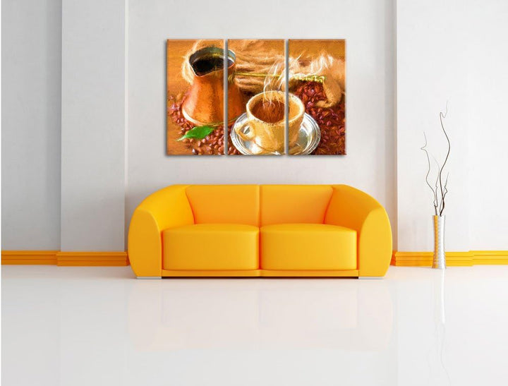 Pixxprint heisser Kaffee Bunstift Effekt 3-Teiler Leinwandbild 120x80 Bild auf Leinwand