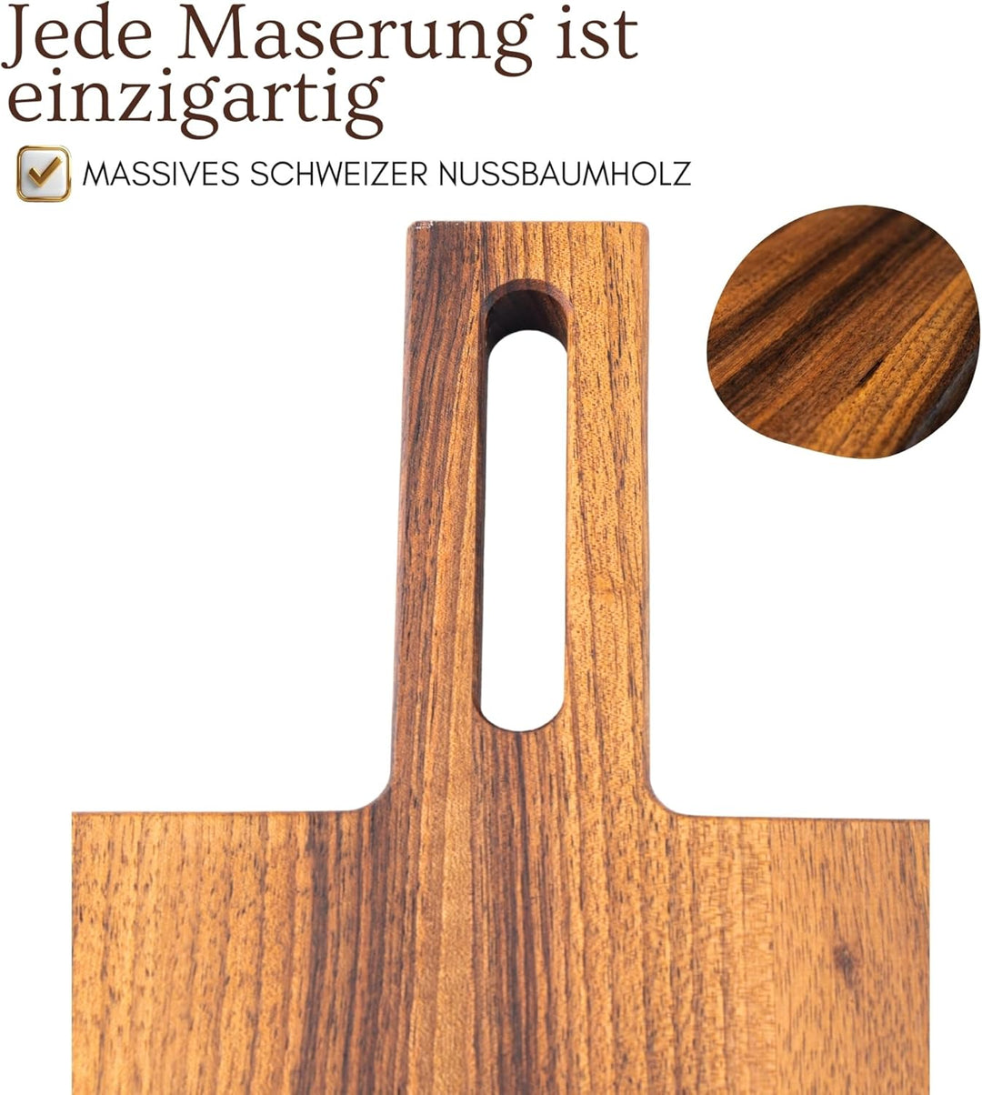 PAVLOVA’S Schweizer Nussbaum Servierbrett 49 × 18 cm – Massiver Nussbaum mit Griff und Aufhängeloch