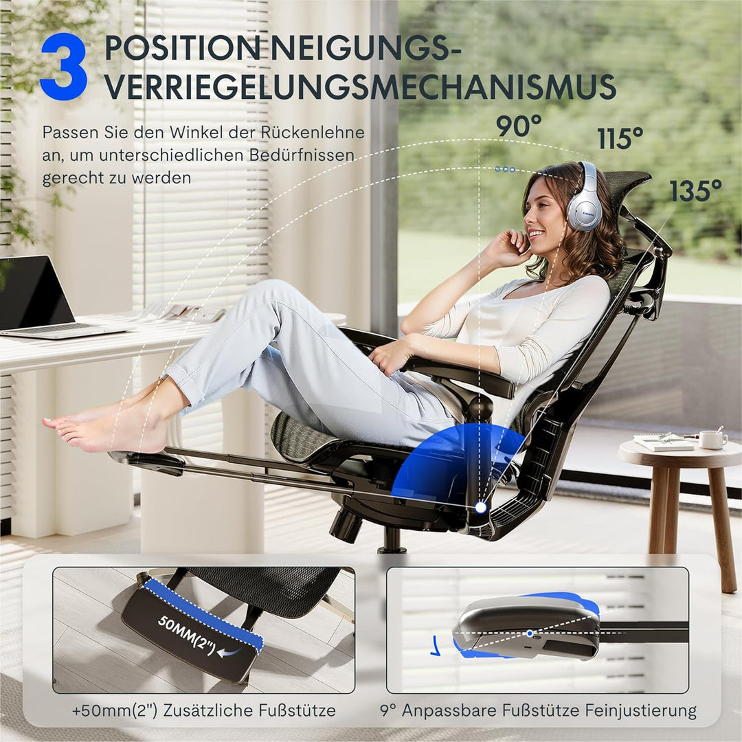 FLEXISPOT ErgoX Pro Ergonomischer Bürostuhl mit ausziehbarer Fussstütze, 12-stufiger Höhenverstellun