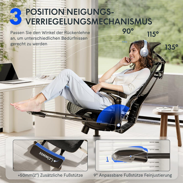 FLEXISPOT ErgoX Pro Ergonomischer Bürostuhl mit Fussstütze ausziehbar, 12-stufiger Höhenverstellung,