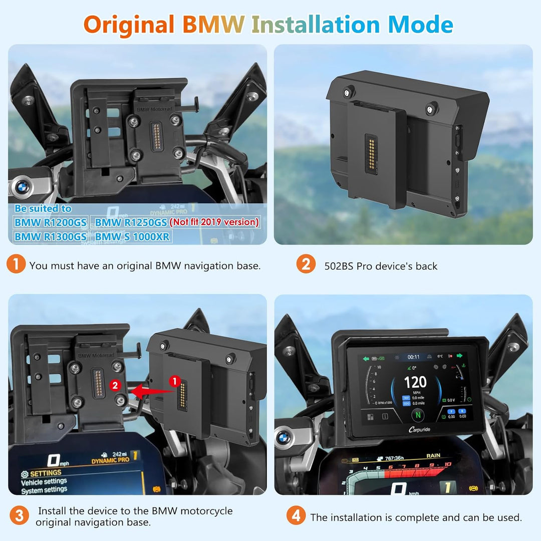 CARPURIDE W502BS Pro für BMW-Motorrad, CarPlay & Android Auto, Dual-Bluetooth, 5 Zoll Wasserdichter
