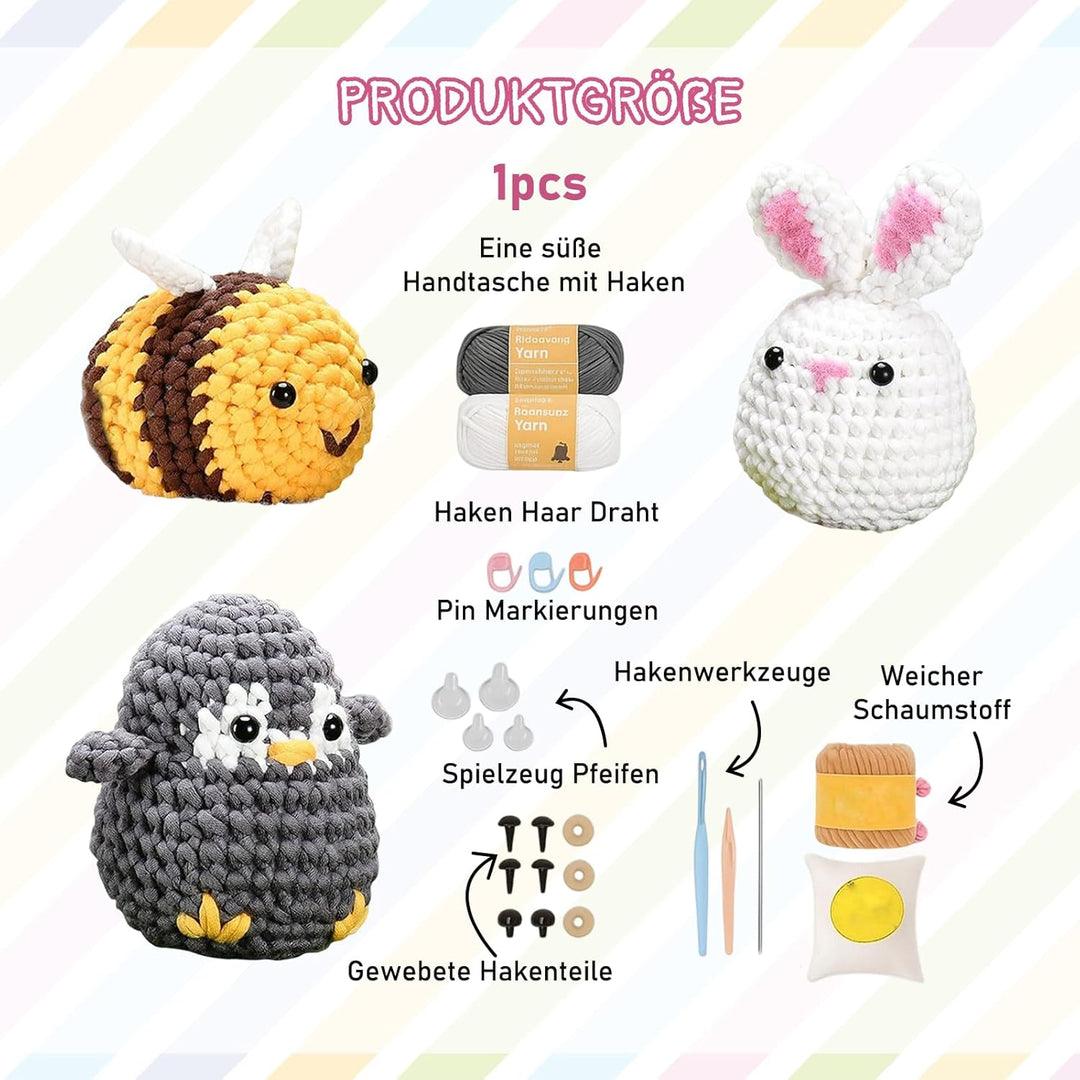 ZexJpr Häkelset Für Anfänger, Crochet Set, Stricken für Anfänger, DIY Häkeln Kit Mit Biene, Hase Und