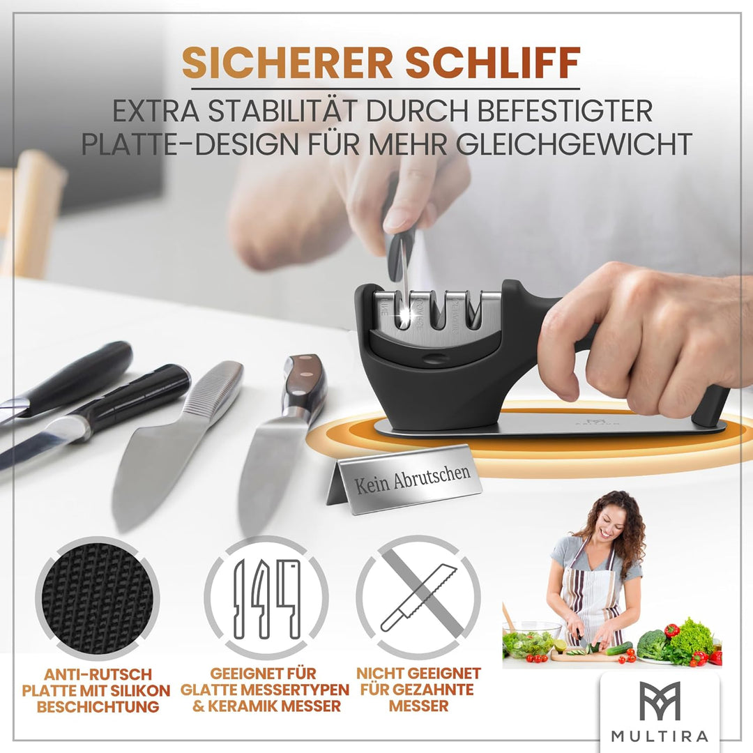 Messerschärfer | Messerschleifer 3-Stufen für Küchenmesser, Stahl- und Keramikklingen | rutschfeste