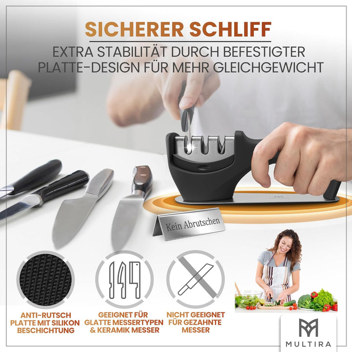 Messerschärfer | Messerschleifer 3-Stufen für Küchenmesser, Stahl- und Keramikklingen | rutschfeste