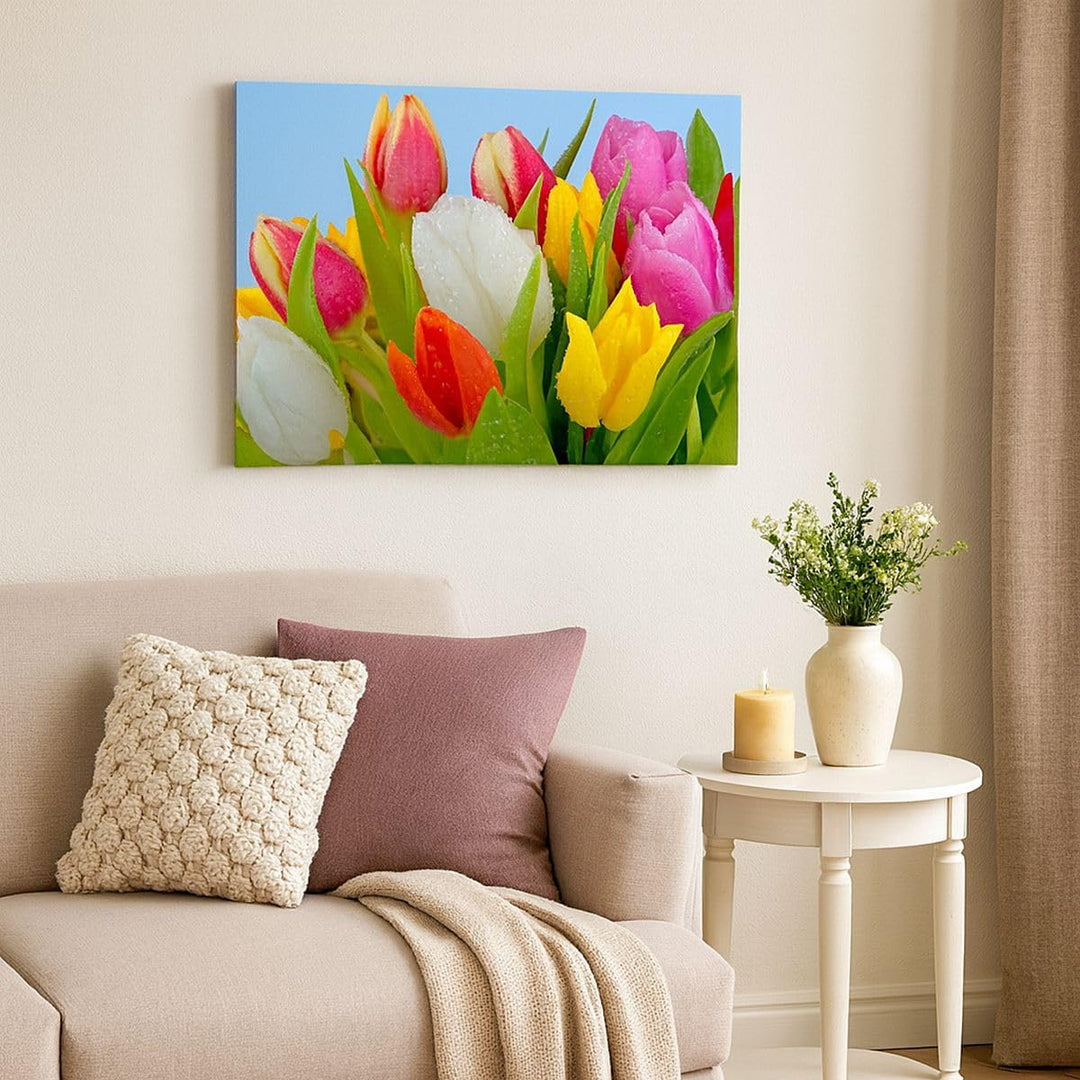 Bilder auf Leinwand 100x70cm Leinwandbild Tulpen Blumenstrauss Blumen Tau Gross Wanddeko Bild Schlaf