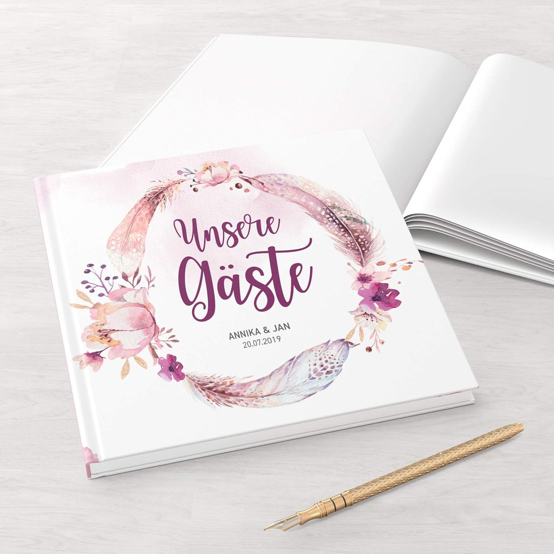 DeinWeddingshop Gästebuch Hochzeit - personalisiert - Hochzeitsgästebuch, Hardcover 21x21 cm (Inhalt
