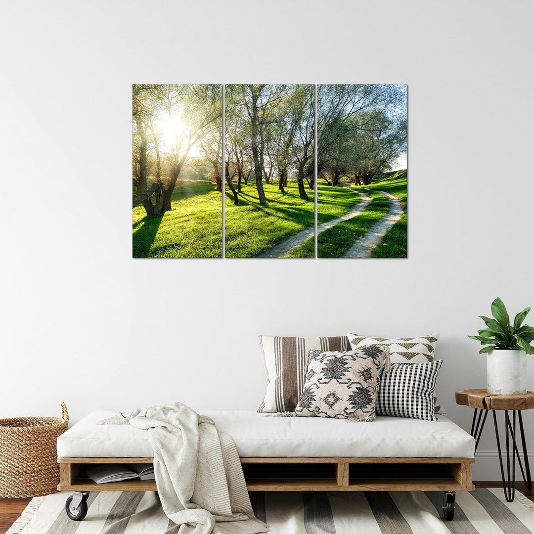 Runa Art Wandbilder Wald Landschaft Bild XXL Schlafzimmer Wohnzimmer Grün Sonne 120 x 80 cm 3 Teilig