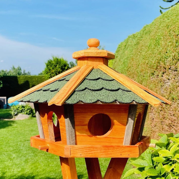 Vogel Futter Haus L oder XL Sechseck Holz Vogelhaus Futterstelle Braun/Blau, Rot, Schwarz und Grün (