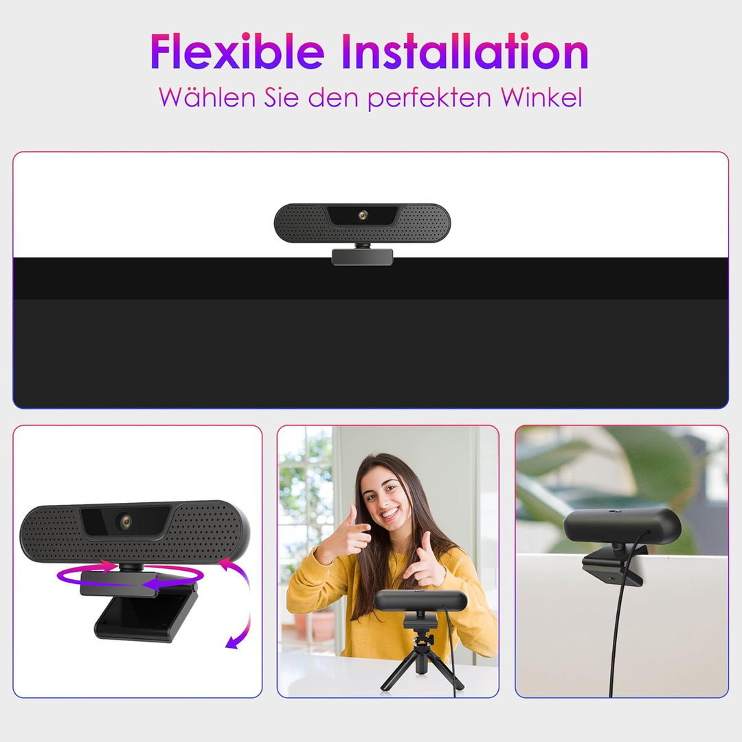 VIZOLINK W8GS Webcam 4K, HD 1080P Webcam für PC mit Mikrofon, Autofokus, Lichtkorrektur, 85°Sichtfel
