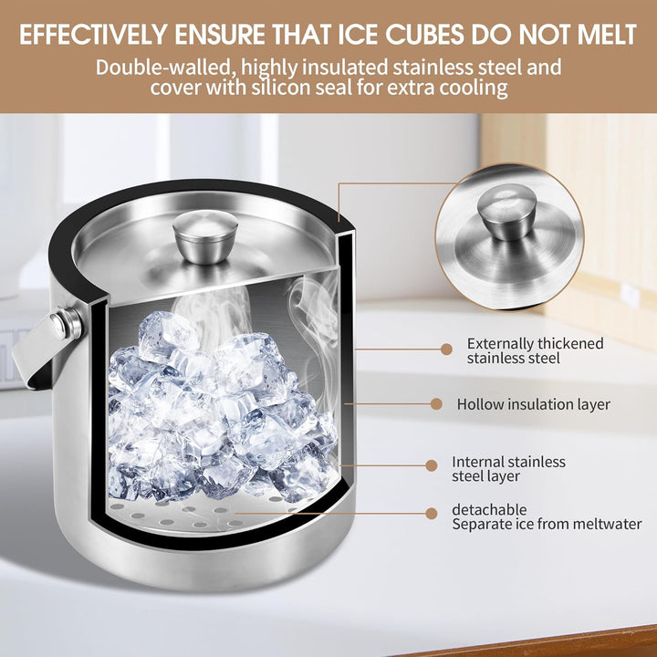 1.6L Eiswürfelbehälter, Eiskübel mit Deckel,Eiswürfelbehälter Edelstahl mit Clips und Sieb, perfekt
