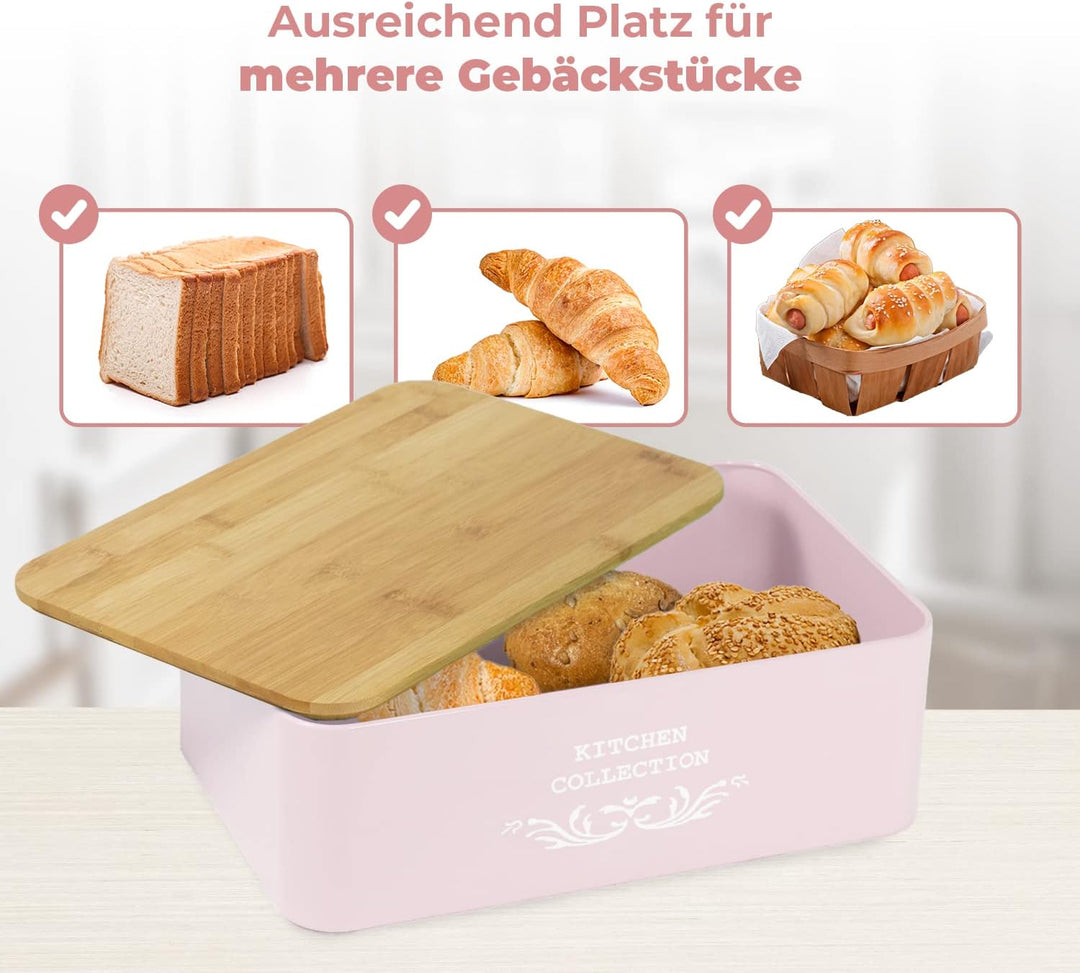 DRULINE Brotkasten mit Bambusdeckel - Brotaufbewahrung - Brotbox mit Schneidebrett - Brotkasten rosa