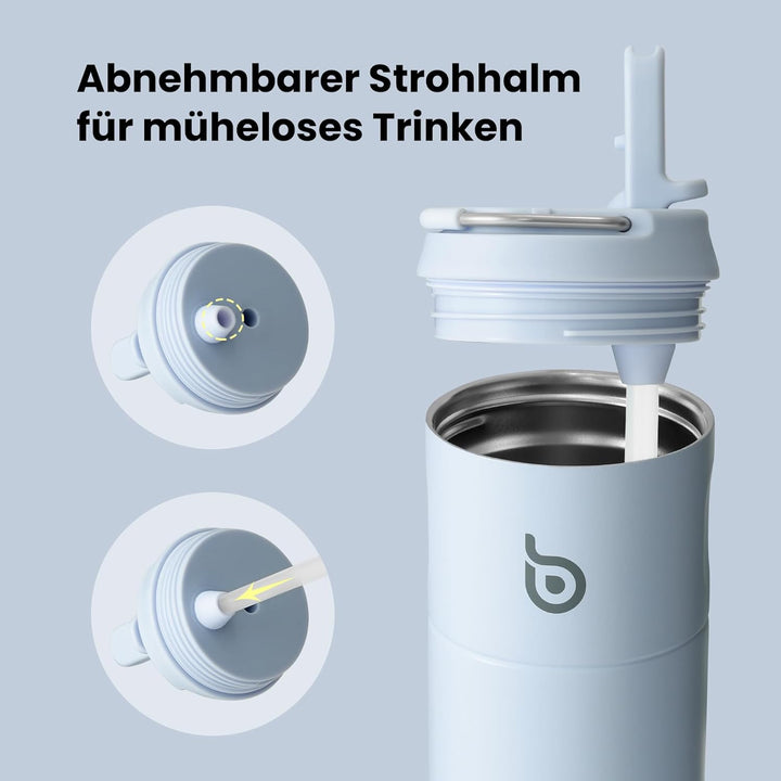bottlebottle Edelstahl Trinkflasche mit Strohhalm 500ml, auslaufsichere Sportwasserflasche, ideal fü