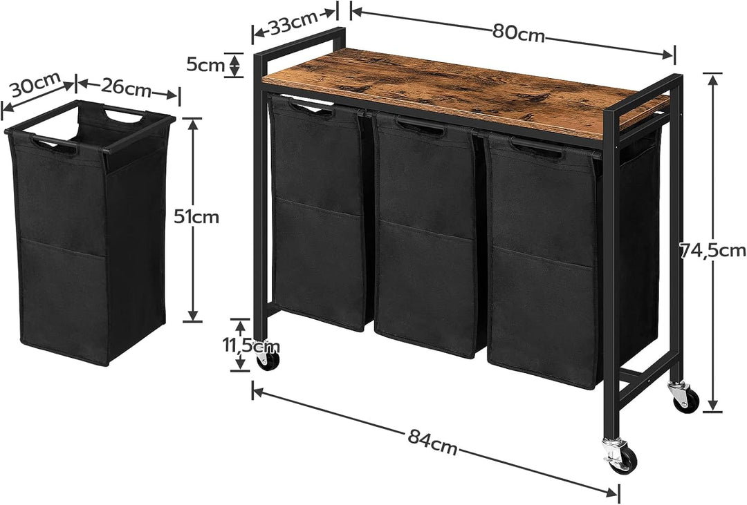 HOOBRO Wäschekorb 3 Fächer mit Ablage und Rollen, 119,4 L | Masse: 84 x 33 x 74,5 cm, 3 x 39,8 L Wäs