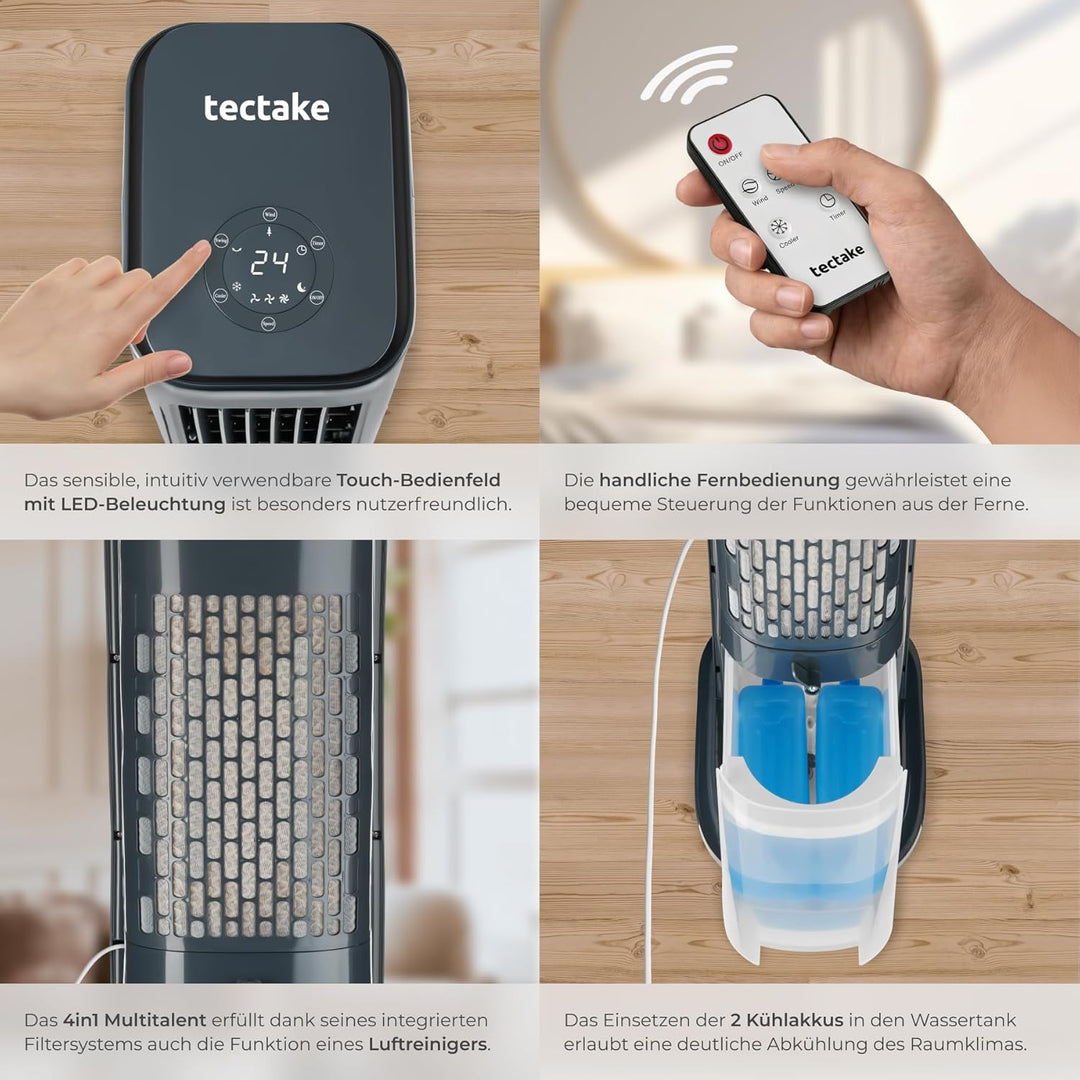 tectake® Luftkühler, 4in1, extrem leise, energiesparend, mit 5 l Wassertank, Touch-Display, 3 Modi,