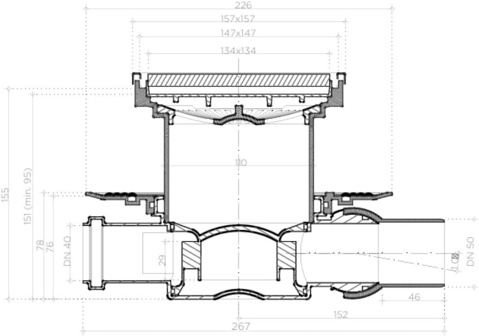 Confluo Bodenablauf 15x15 cm – wählbare Abdeckungen u. Ablaufgarnitur (Horizontal/Waagerecht DN 50 m