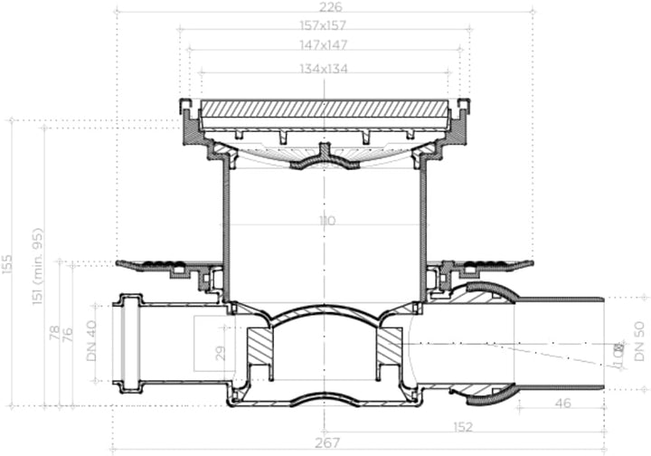 Confluo Bodenablauf 15x15 cm – wählbare Abdeckungen u. Ablaufgarnitur (Horizontal/Waagerecht DN 50 m