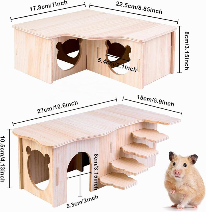 Vegena 2 Stück Hamster Haus, Hamster Haus aus Holz, Hamster Mehrkammernhaus, Hamster Eckhaus Holz Ha
