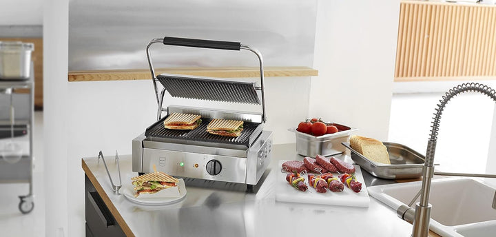 METRO Professional Kontaktgrill SINGLE GPG1201, 3000 W, Rostfreier Stahl, geriffelte Grillfläche, Fe
