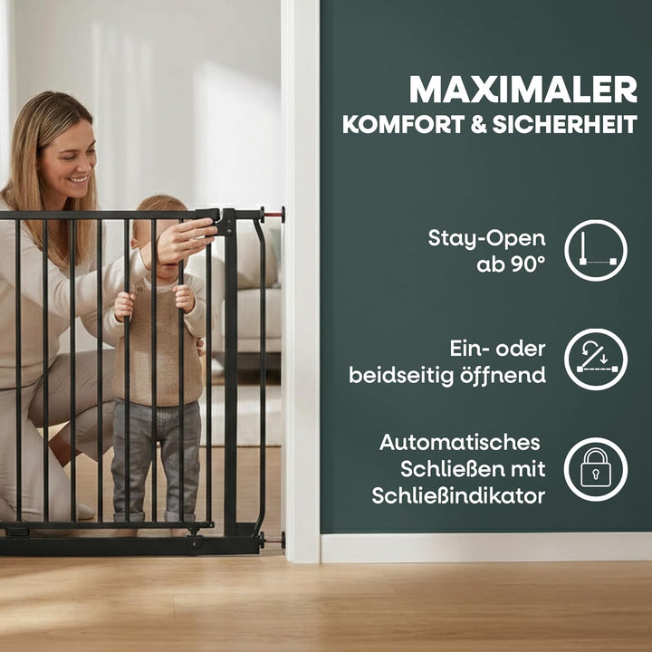 Safetots Elite Pressure Treppenschutzgitter Schwarz – Ohne Bohren – Auto-Close & Stay-Open ab 90° –