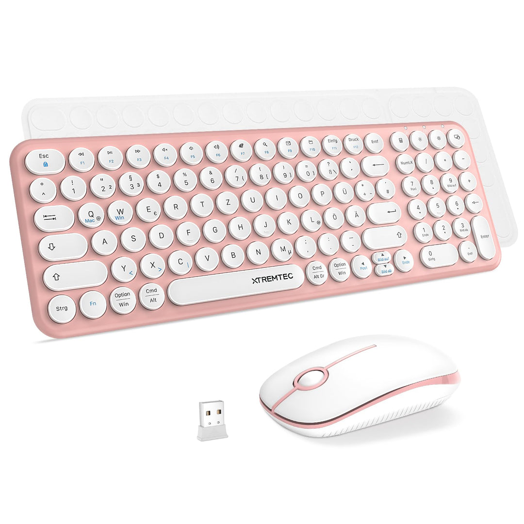 XTREMTEC kabellose Tastatur und Maus,Retro runde Schreibmaschine Tastatur,Slim Funktastatur leise Se