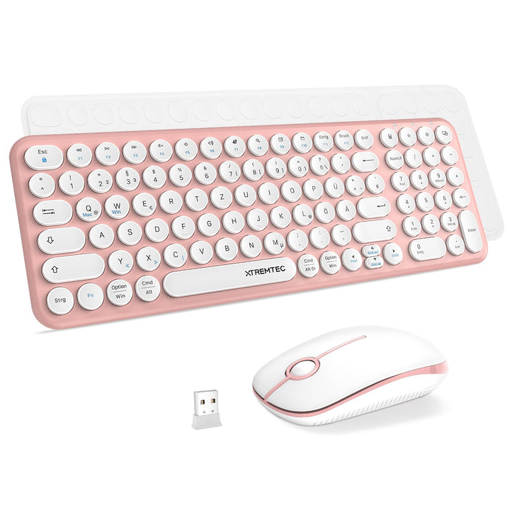 XTREMTEC kabellose Tastatur und Maus,Retro runde Schreibmaschine Tastatur,Slim Funktastatur leise Se