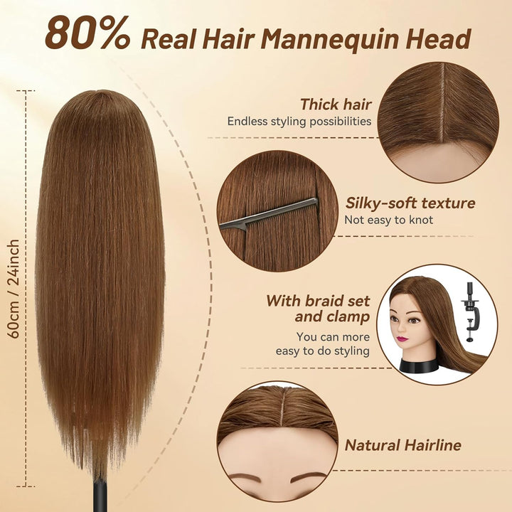 Trainingskopf 24 Zoll – 80% Echthaar Übungskopf für Friseur, Frisierkopf Echthaar,Styling Mannequin