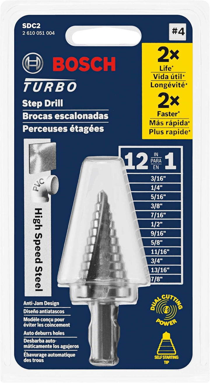 Bosch SDC2 Turbo-Stufenbohrer, Hochgeschwindigkeitsstahl, 3/16 Zoll bis 7/8 Zoll 0,5 - 2,2 cm (3/16