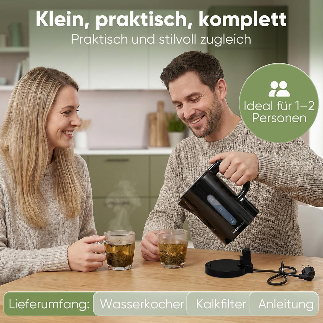Clatronic® Wasserkocher 1L | 900W | BPA frei | Einhandbedienung | Wasserstandsanzeige | Kettle | Übe