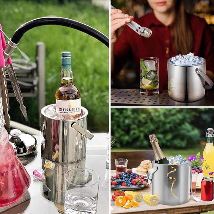 Emsmil 2.2L Eiseimer mit Deckel Zange und Sieb Eiskübel Edelstahl Eisbehälter Sektkühler Eiswürfelbe