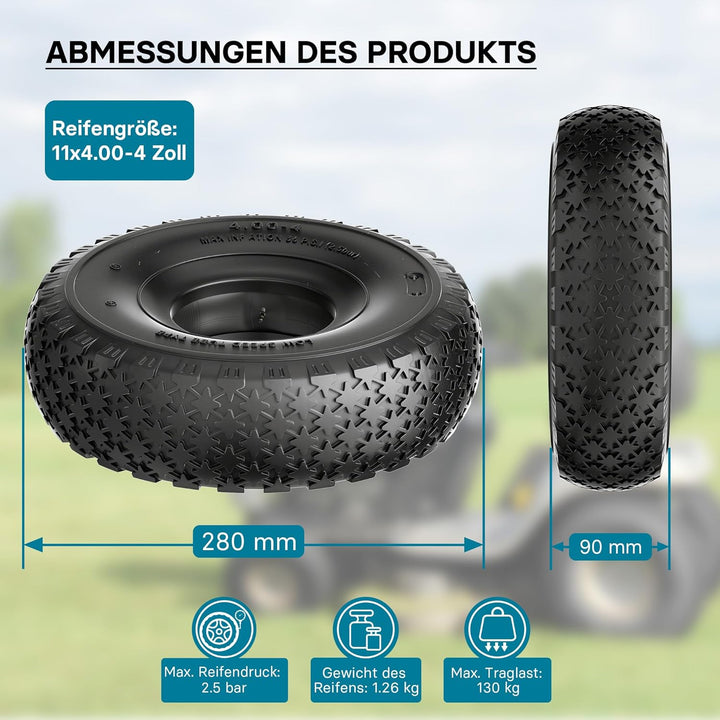 Wiltec Reifen für den Aufsitzmäher 11x4.00-4 4pr mit Schlauch und geradem Ventil Komplettrad Rasentr