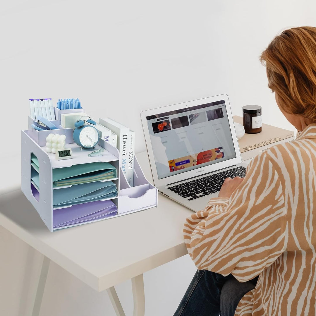 Holz Briefablage für Büro, Dokumentenablage mit Stifthalter, 7-Fach Schreibtisch Organizer Holz, Pap