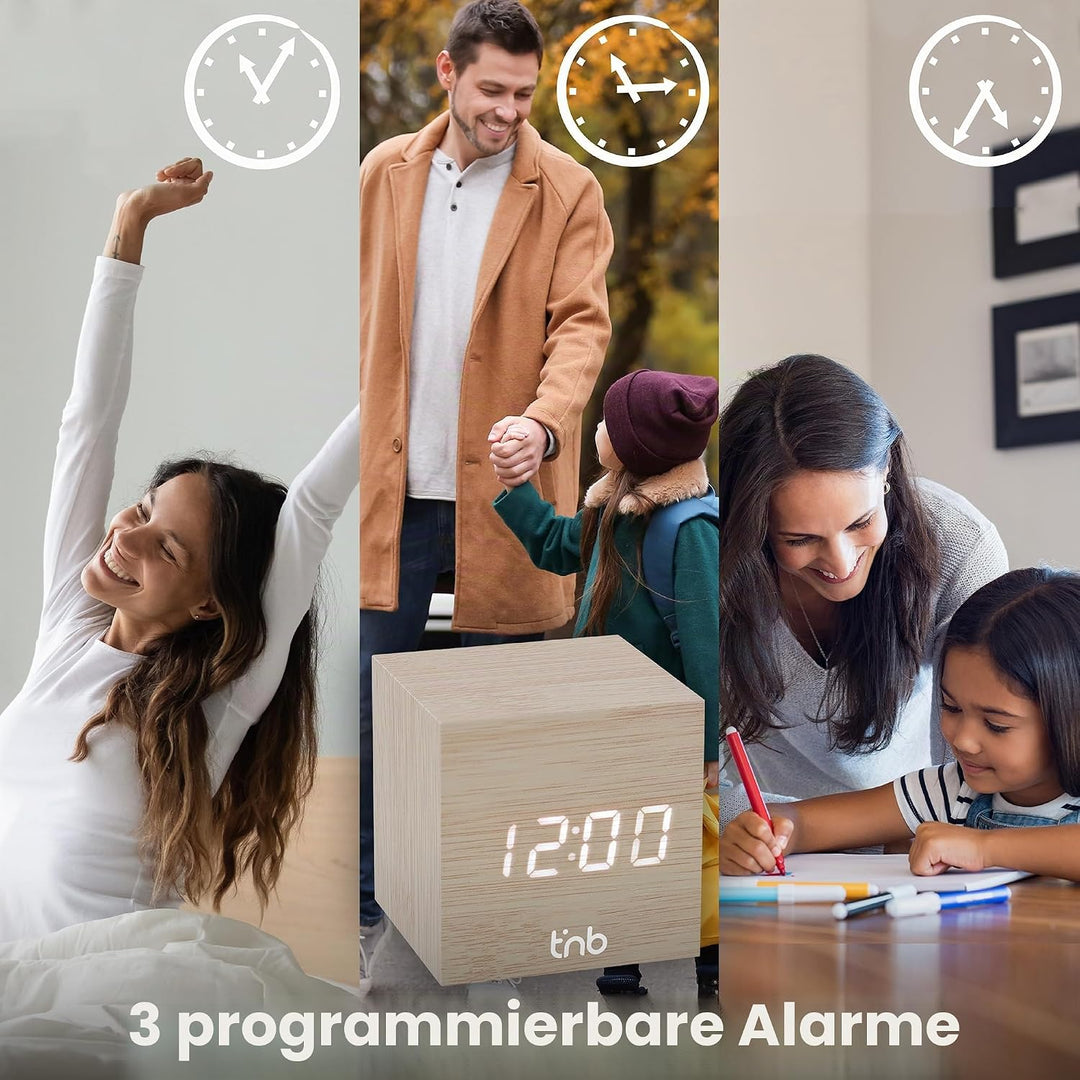 T'NB - Moderner digitaler Wecker aus Holz, multifunktionaler LED-Wecker, digitale Uhr mit Zeitanzeig