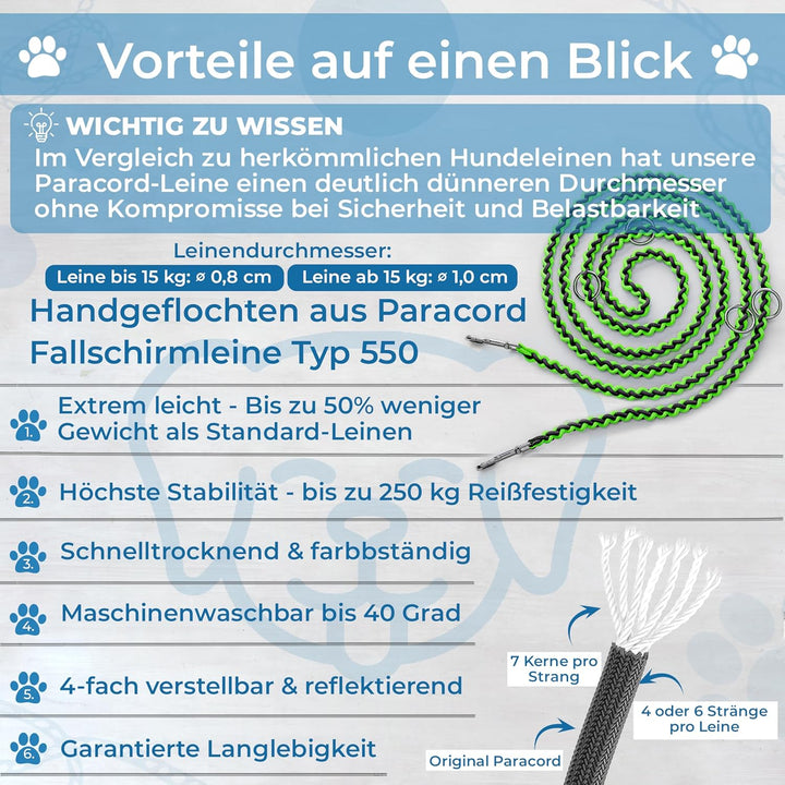 Testnote: Sehr gut - Hundeleine reflektierend I 2m, verstellbar, wetterfest & reissfest bis 250 kg I