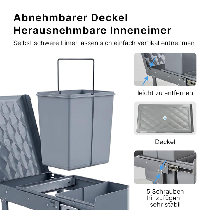 Einbaumülleimer Küche 3 Fächer (3x10L) – Mülltrennsystem für schmale Schränke,5-Punkt-Verstärkung,au