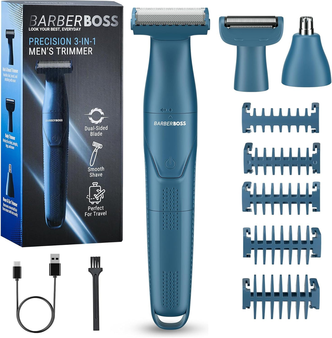 BarberBoss 3-in-1 Herrenrasierer, Pflegeset für Bart, Haare, Nase, Ohr & Körper, Präzisionstrimmer f