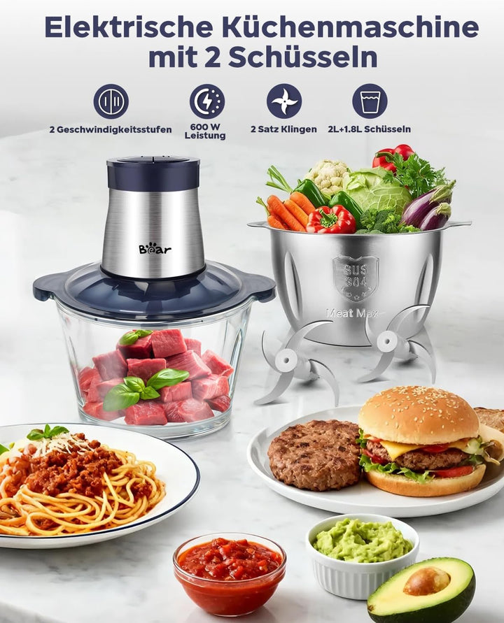 Bear 2L+1.8LFleischwölfe Zerkleinerer Elektrisch, Glas+Edelstahl，600W 2 Geschwindigkeit, Häcksler mi