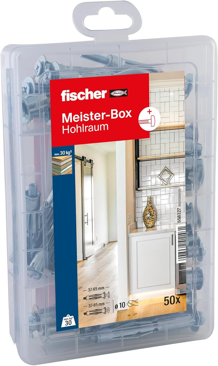 fischer MEISTER-BOX Hohlraumdübel, Sortimentsbox mit 50 Hohlraummetalldübeln und Schrauben, praktisc