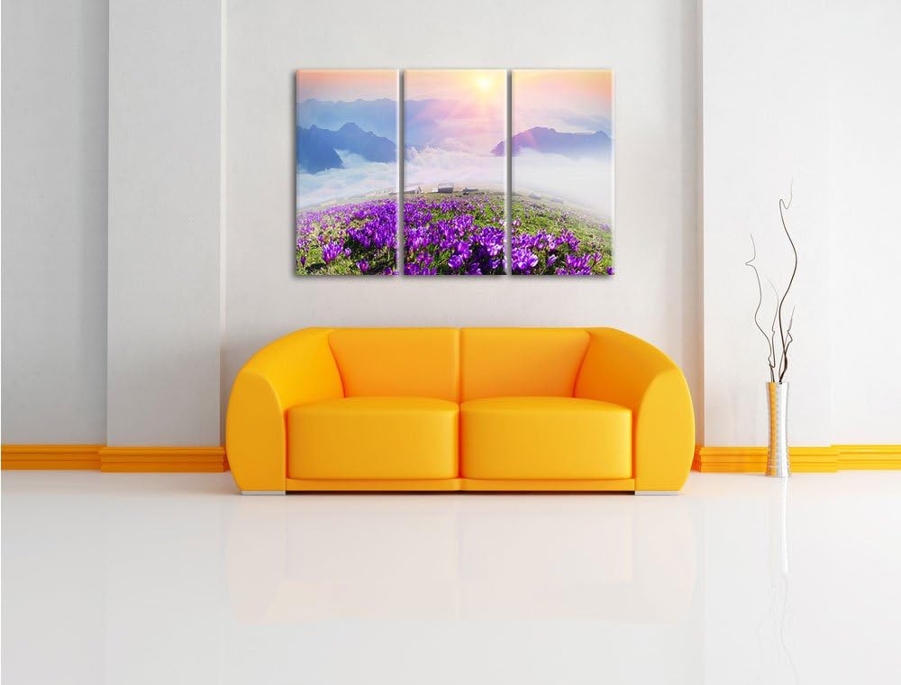 Pixxprint Krokusse in den Bergen als Leinwandbild/Grösse: 3 Teilig (120x80) / Wandbild/Kunstdruck/fe