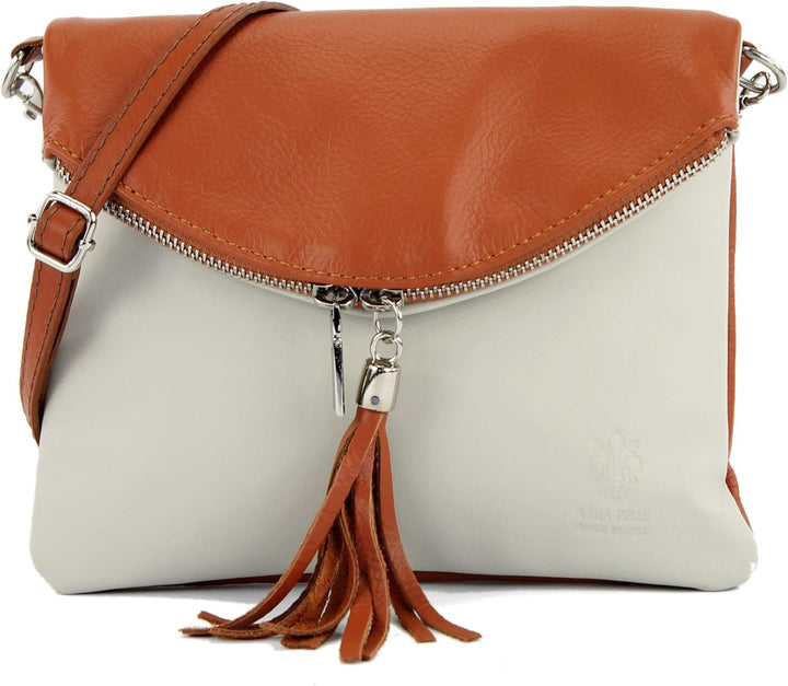 modamoda de - T139 - ital Umhängetasche Klein aus Nappaleder Creme/Cognac, Creme/Cognac