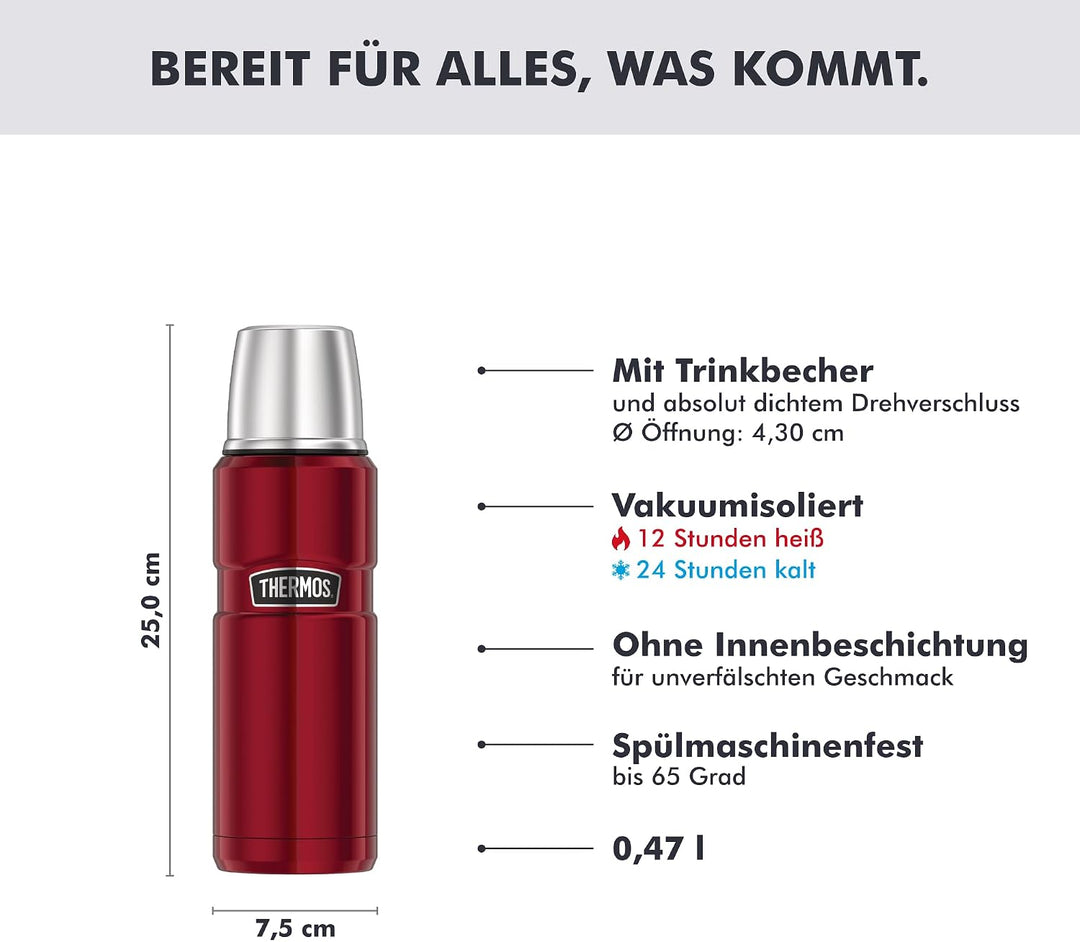 Thermos 4003.248.047 Thermosflasche Stainless King, Edelstahl Cranberry 0,47 l, Drehverschluss, 12 S