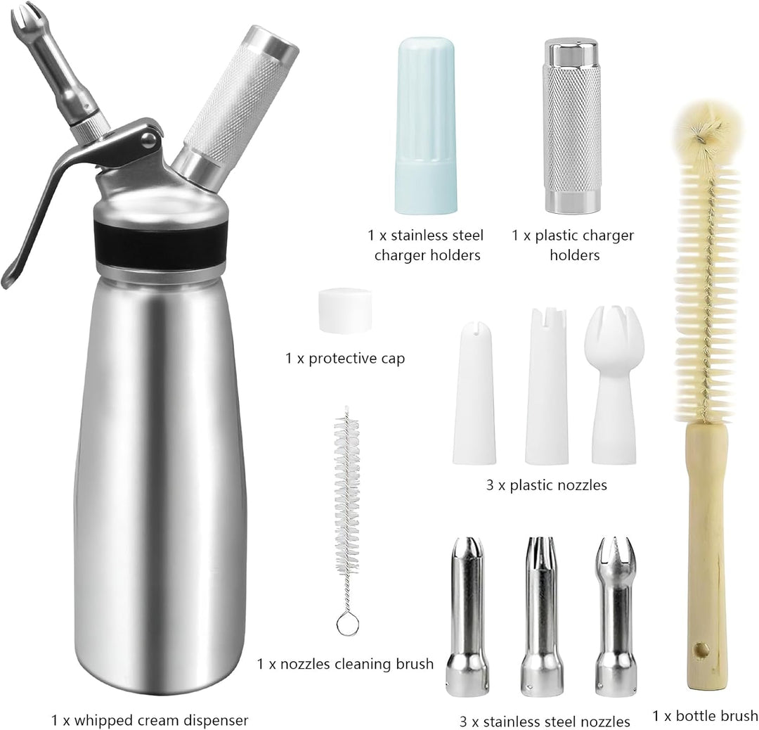 Sahnespender 500 ml aus Aluminium, Sahnebereiter mit 6 Dekordüsen, Schutzkappe und Reinigungsbürsten