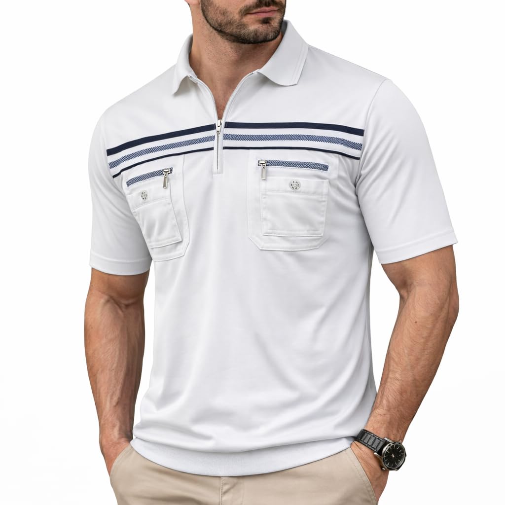Soltice Herren Kurzarm Poloshirt, Polohemd Kragen, Gestreifte Blousonshirt mit Brusttasche aus Baumw