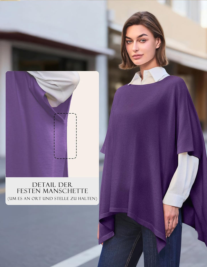 PULI Damen Pullover Poncho Elegant Viskose Strick Locker sitzend Poncho Schal Einheitsgrösse Violett