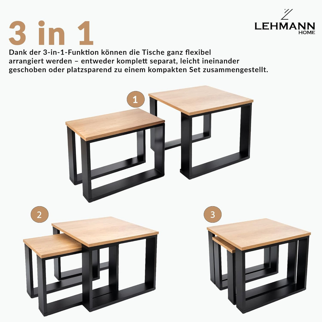 LEHMANN Wohnzimmertisch Holz, Couchtisch 2er Set in 2 Grössen, Beistelltisch Holz, Wohnzimmer Tisch