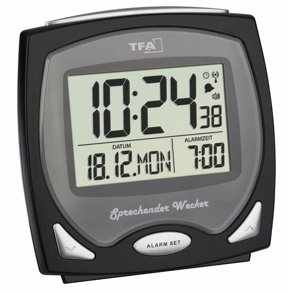 TFA Dostmann Sprechender Funk-Wecker, ideal für Sehbehinderte, 60.2541.01, 12 x 6 x 12 cm, schwarz,