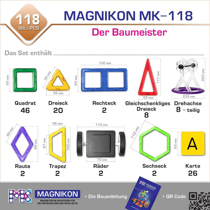 MAGNIKON Magnetische Bausteine Der Baumeister, Magnetbau-Set 118-teilig - Montessori Spielzeug ab 3