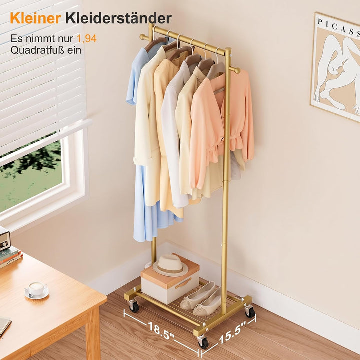 MISSLO Kleine Kleiderstange auf Rollen, Mobiler Schmal Kleiderständer mit Ablagen 152 cm Metall Gard