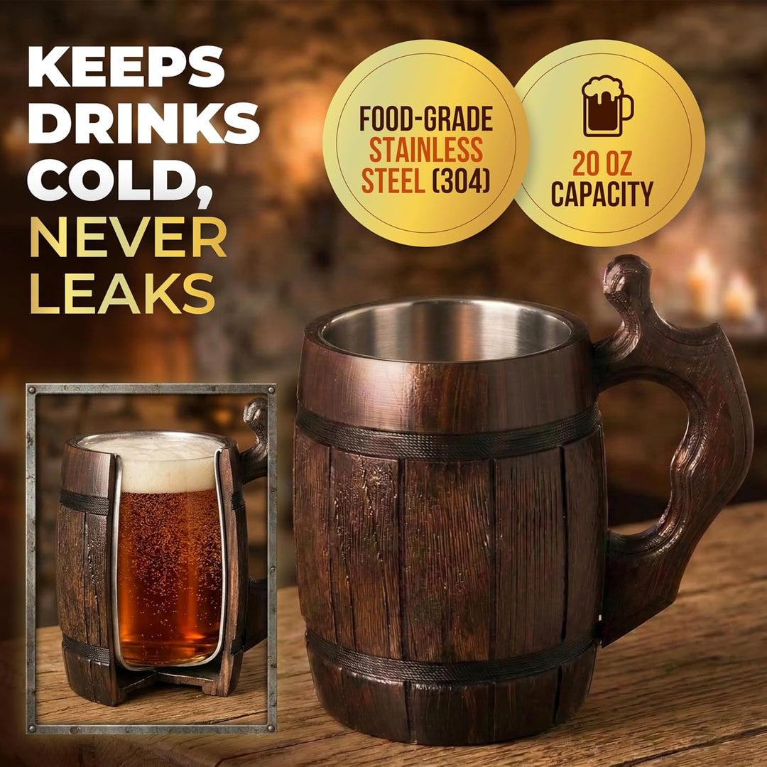 MyFancyCraftLUKRA Bierbecher aus Eichenholz, handgefertigt, Edelstahl-Tasse, 0,6 Liter, 20 Unzen, Ba