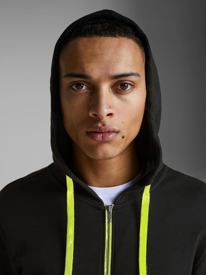 JACK & JONES Herren JJEHOLMEN Sweat Zip Hood XS Schwarz (Black/Safety Yellow/Reg Fit), XS Schwarz (B