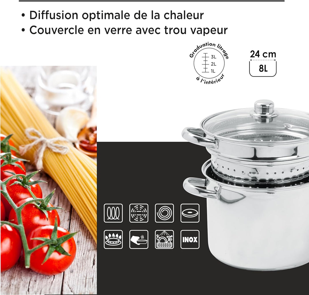 Crealys 504626 Pastatopf mit Glasdeckel, 8 l, 24 cm